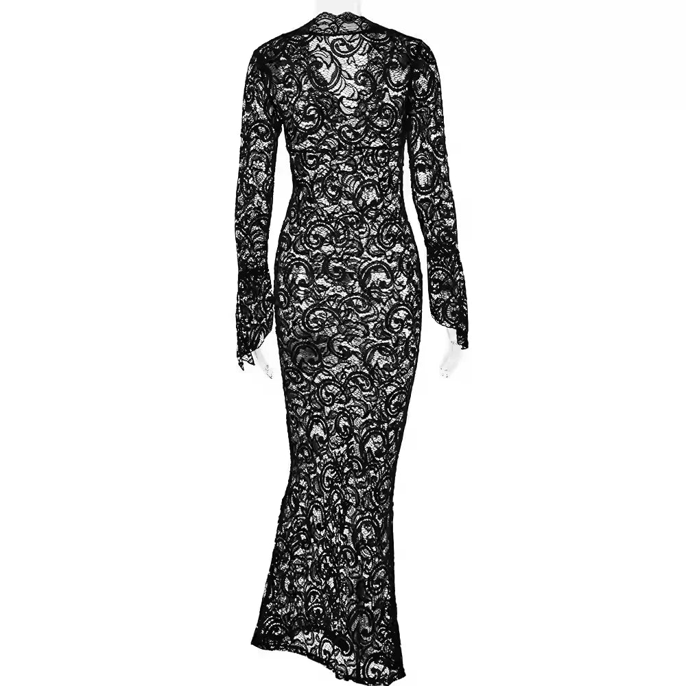 Elegant Lace See Through V-neck Maxi Sexy Dress,White Prom Dress  Y4608