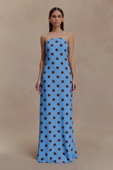 Amaya Strapless Chiffon Maxi Dress - Blue Polka Dot