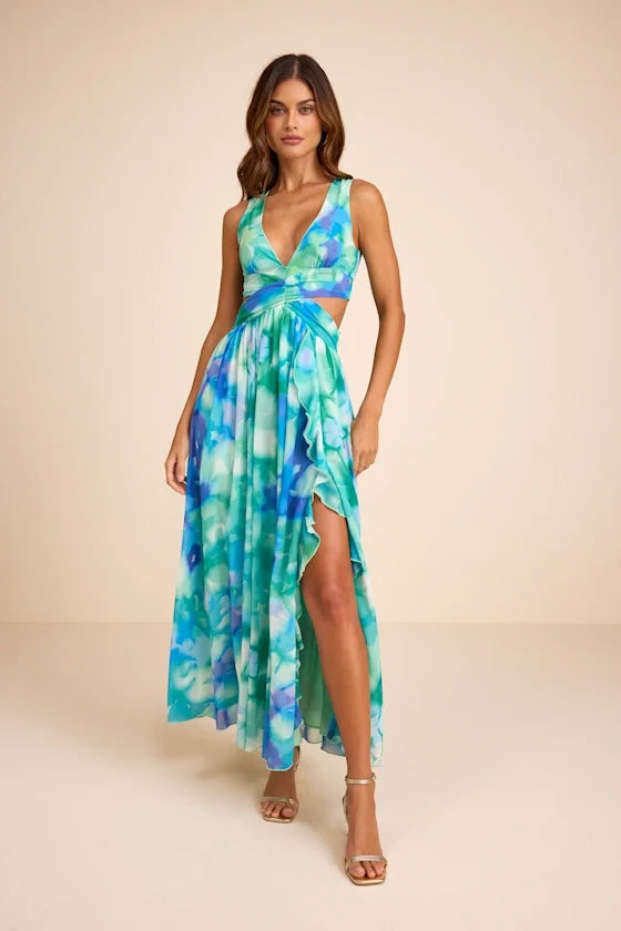 Elisanna Teal Multi Floral Lace-Up Midi Dress