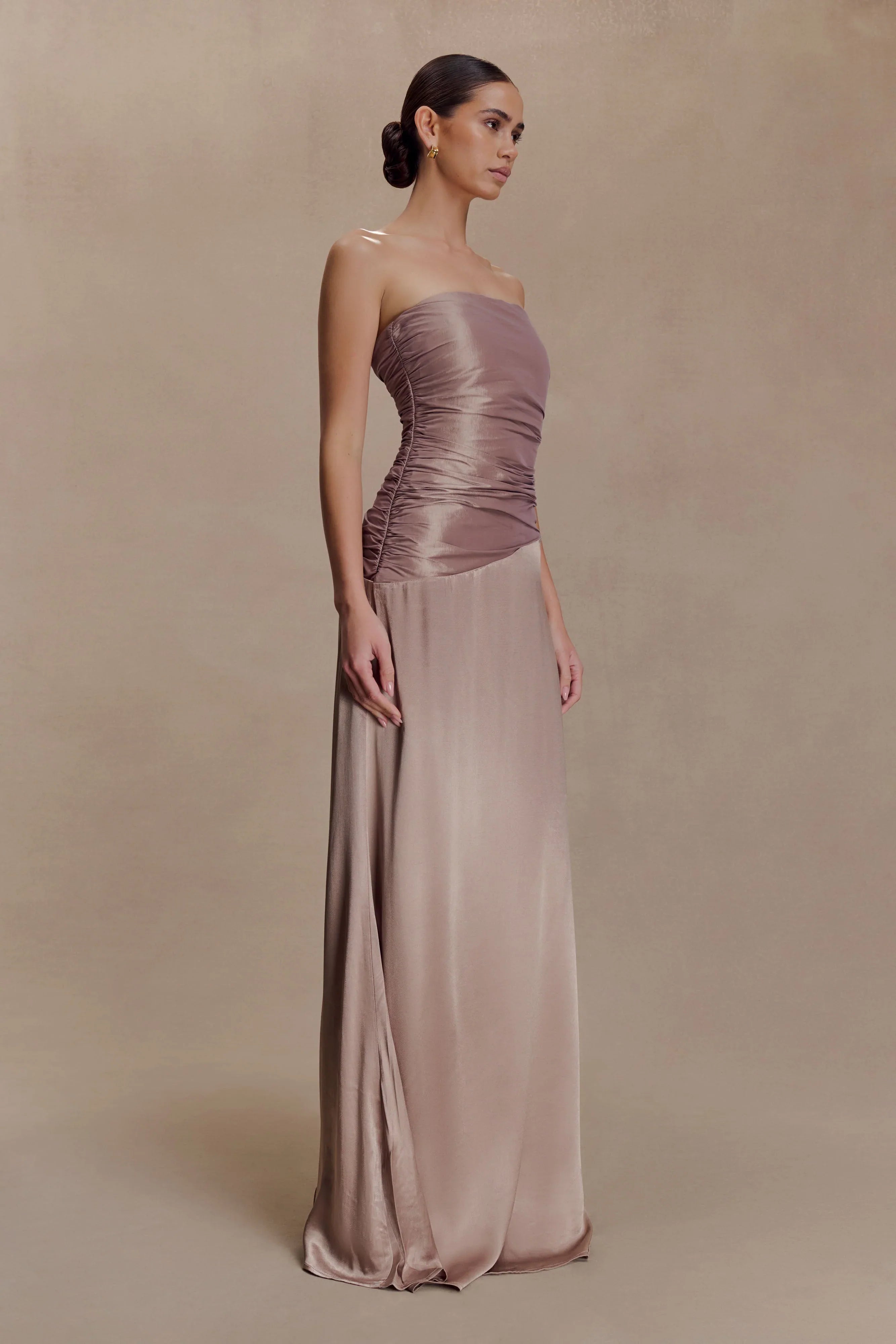 Serena Strapless Taffeta Maxi Dress - Bronze Taupe