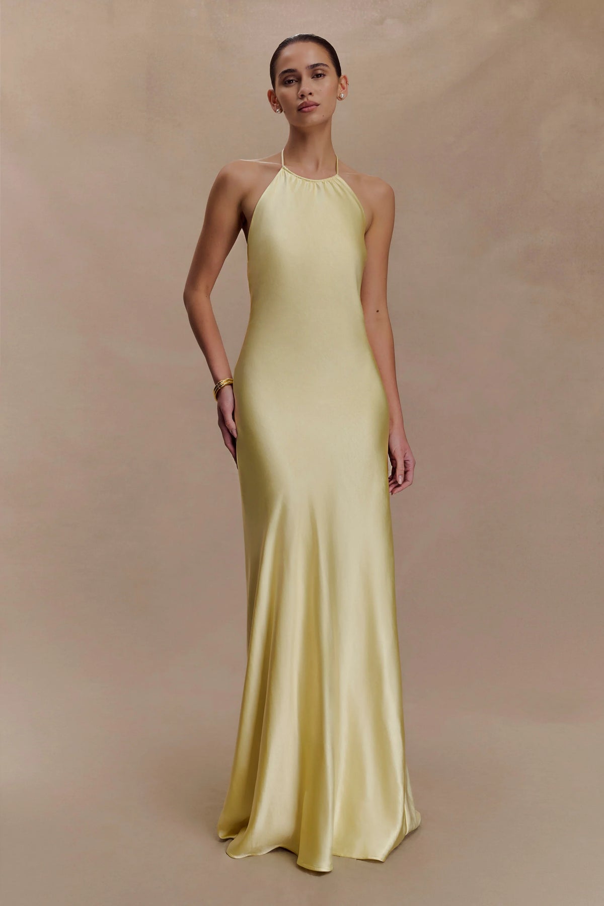 Bella Satin Halter Maxi Dress - Lemon
