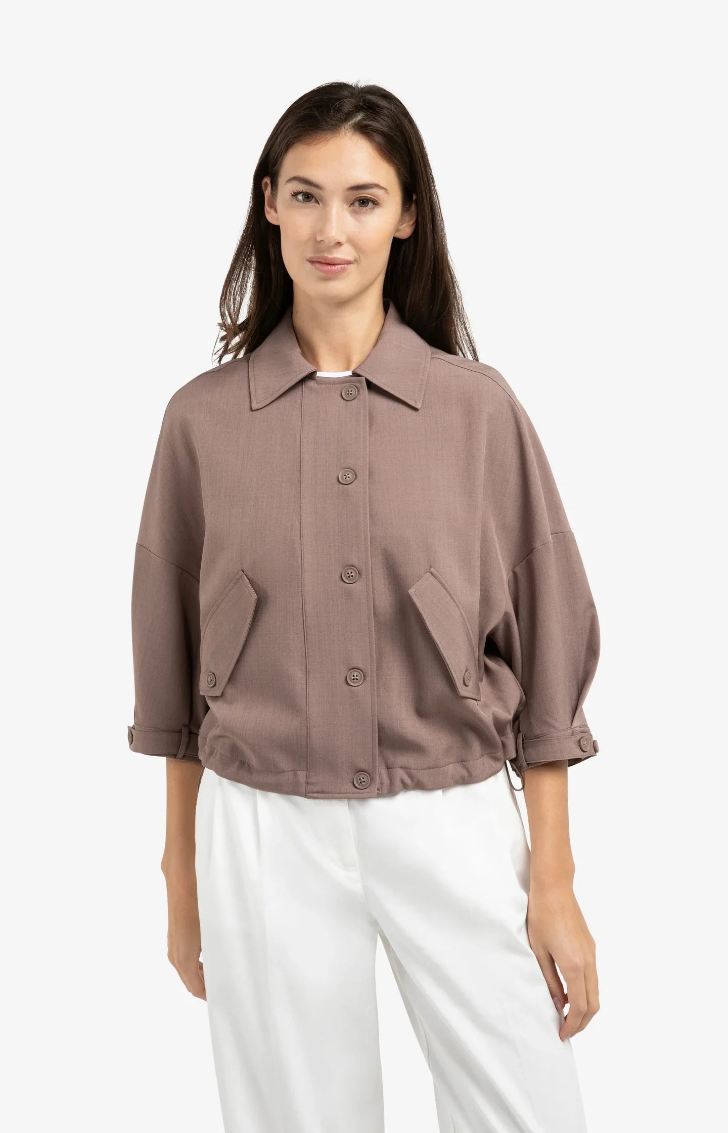 Blouse jacket with adjustable waistband and pockets