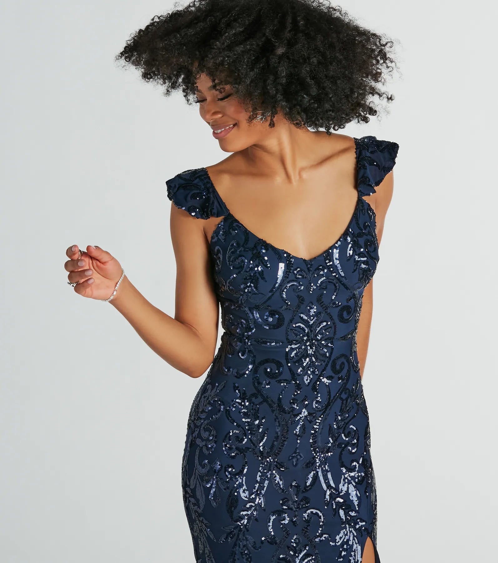 Estella V-Neck Column Long Sequin Formal Dress