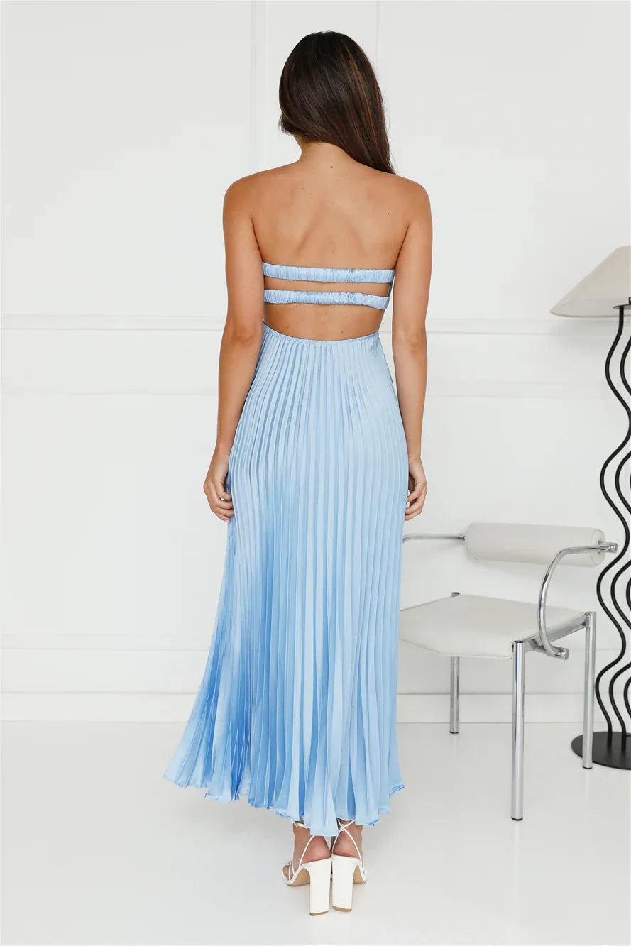 Clouds Of Love Strapless Pleated Maxi Dress Blue