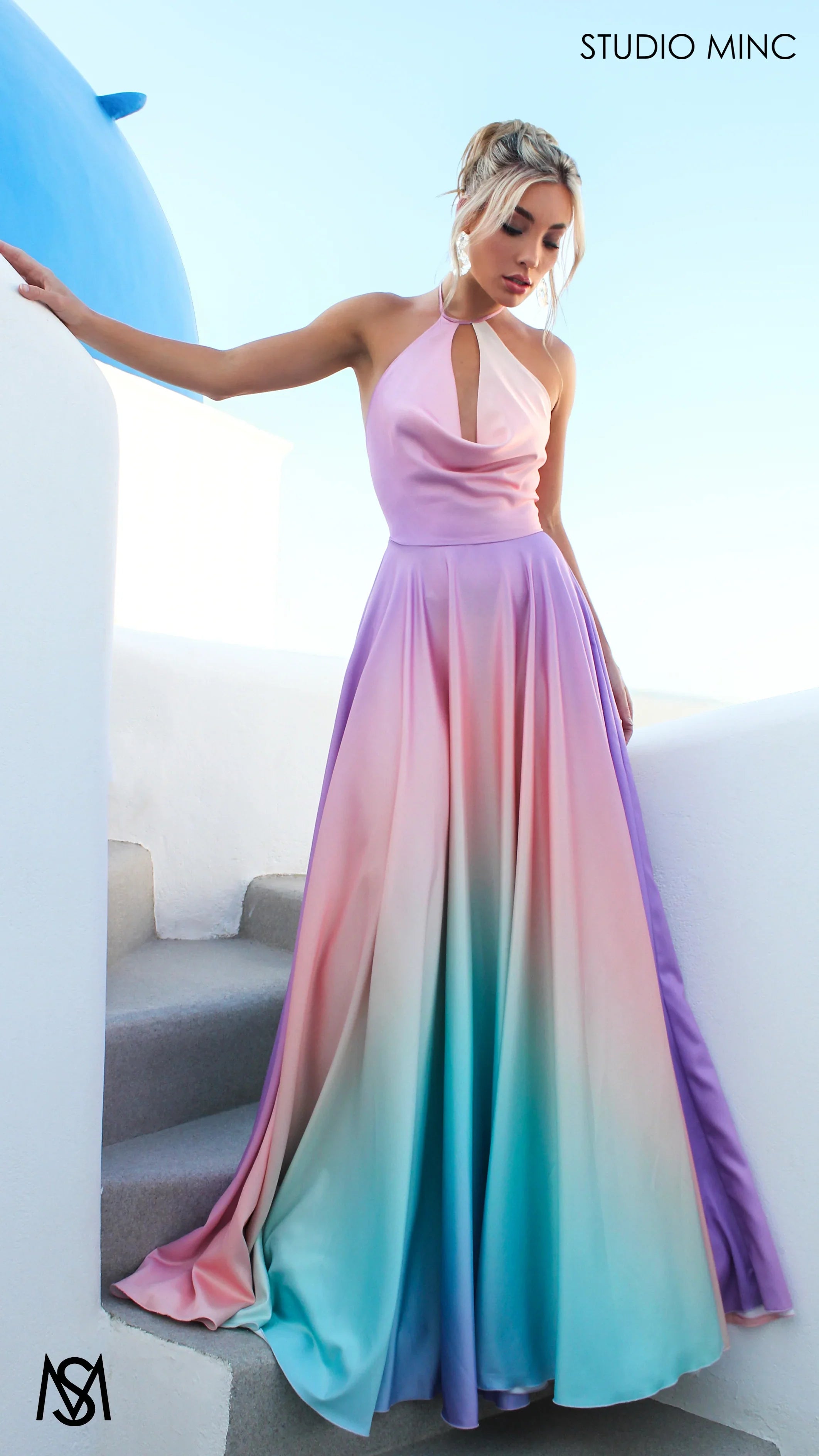SUNSET PINK - Multi Colour pink Formal Dress, Satin High Neck Plunge & Backless