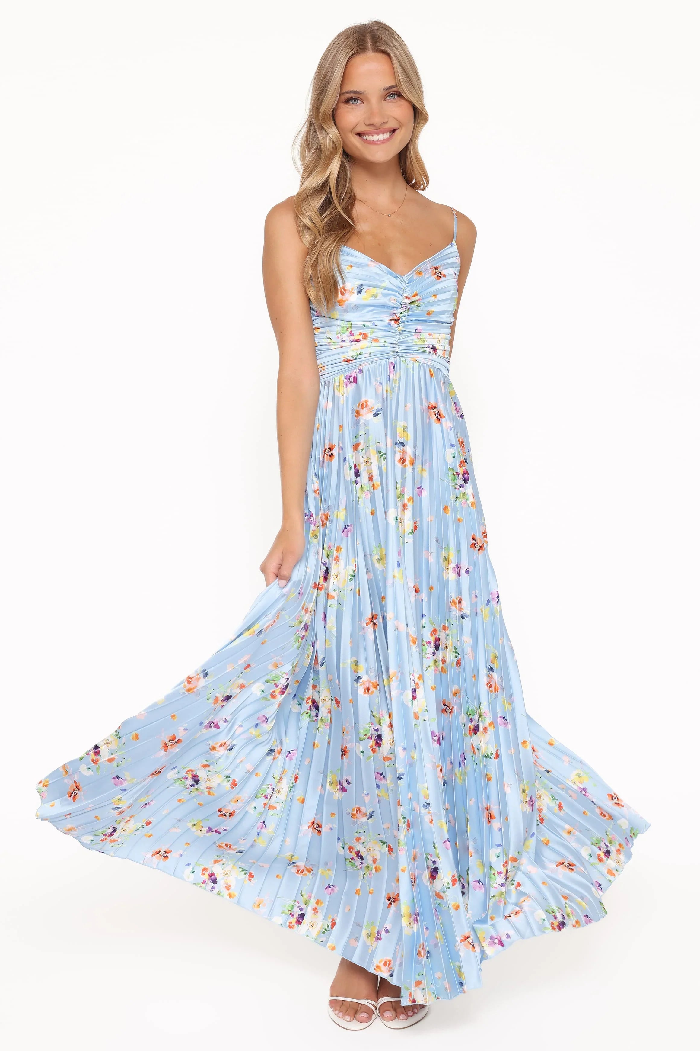 Naira Pleated Maxi Dress - Cornflower Blue Floral